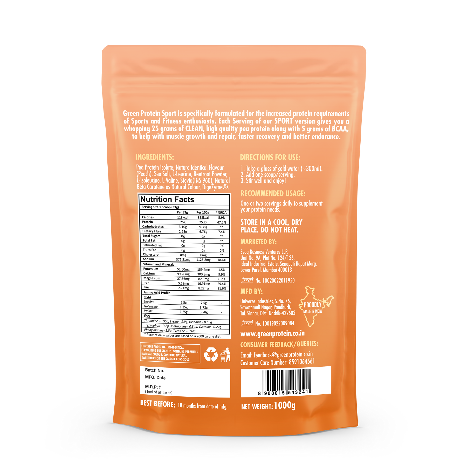Peach 25g Plant Protein - Pack of 1kg - Sport