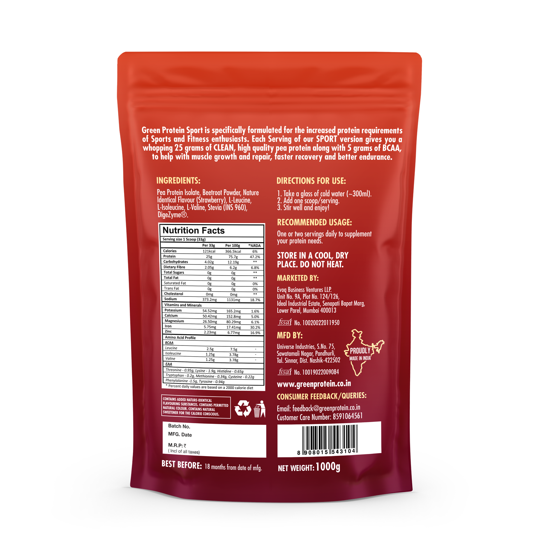 Strawberry 25g Plant Protein - Pack of 1kg - Sport